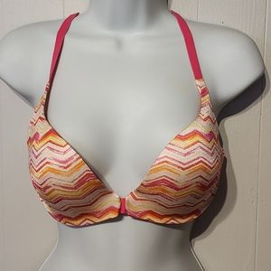 Victoria's Secret 34D Push Up Bra Front Hook Orange Pink Multicolor Keyhole Back